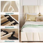 COZONY Letto Matrimoniale Francese con Testiera Regolabile e 2 Cassetti Contenitori, Letto a Piattaforma Imbottito in Velluto Trapuntato, Nessuna Rete a Molle Necessaria, Beige