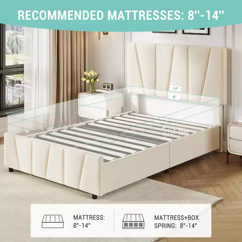 COZONY Letto Matrimoniale Francese con Testiera Regolabile e 2 Cassetti Contenitori, Letto a Piattaforma Imbottito in Velluto Trapuntato, Nessuna Rete a Molle Necessaria, Beige