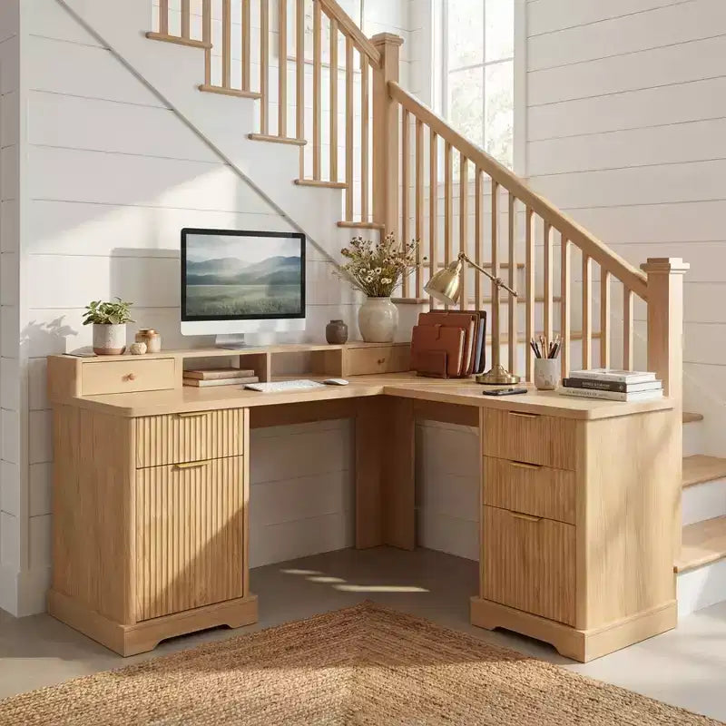 59 Executive Desk, L-Shaped Home Office Desk with Charging Station, Wooden Computer Writing Desk for Study, Conference Table for Living Room
