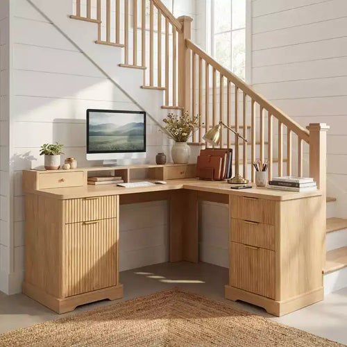 59 Executive Desk, L-Shaped Home Office Desk with Charging Station, Wooden Computer Writing Desk for Study, Conference Table for Living Room