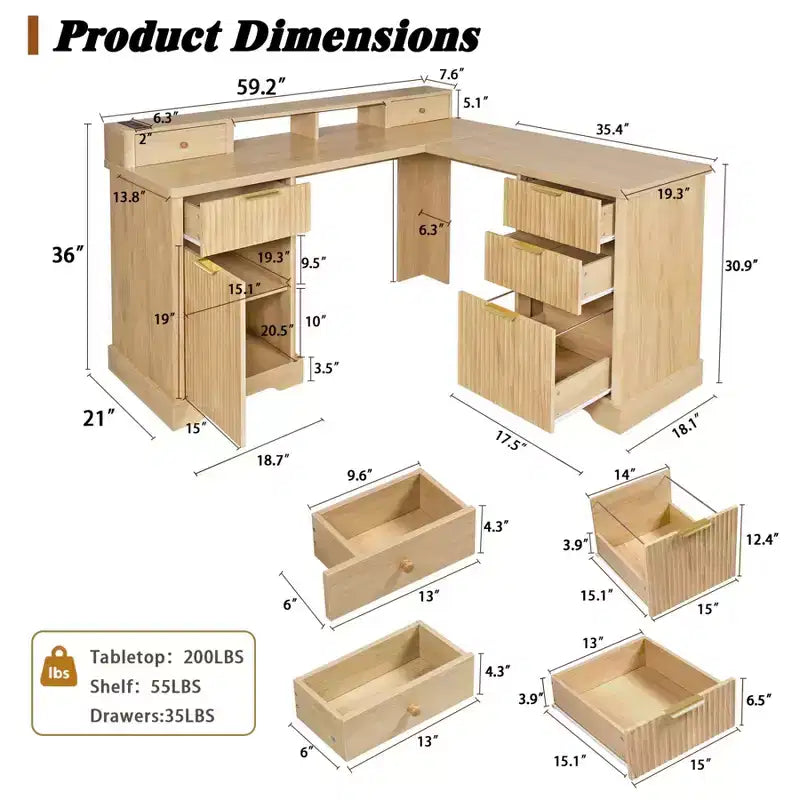 59 Executive Desk, L-Shaped Home Office Desk with Charging Station, Wooden Computer Writing Desk for Study, Conference Table for Living Room