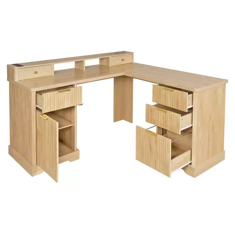 59 Executive Desk, L-Shaped Home Office Desk with Charging Station, Wooden Computer Writing Desk for Study, Conference Table for Living Room