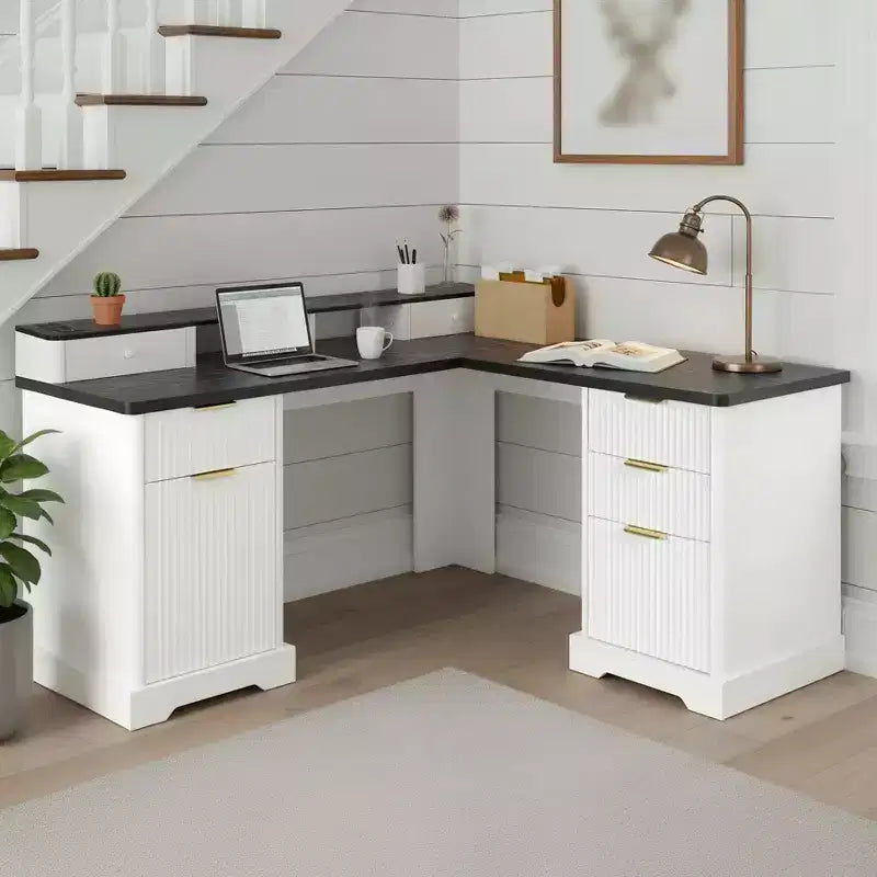 59 Executive Desk, L-Shaped Home Office Desk with Charging Station, Wooden Computer Writing Desk for Study, Conference Table for Living Room