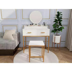 Okak Modern Girls Vanity with Metal Legs and Round Mirror, Makeup Vanity with Cushioned Stool, Makeup Table for Small Bedroom, Ancient White