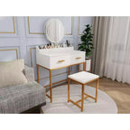 Okak Modern Girls Vanity with Metal Legs and Round Mirror, Makeup Vanity with Cushioned Stool, Makeup Table for Small Bedroom, Ancient White