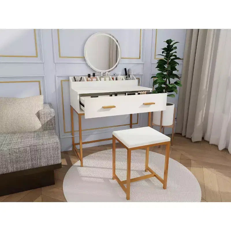 Okak Modern Girls Vanity with Metal Legs and Round Mirror, Makeup Vanity with Cushioned Stool, Makeup Table for Small Bedroom, Ancient White
