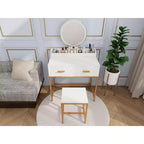 Okak Modern Girls Vanity with Metal Legs and Round Mirror, Makeup Vanity with Cushioned Stool, Makeup Table for Small Bedroom, Ancient White