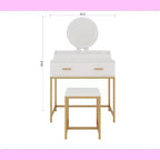 Okak Modern Girls Vanity with Metal Legs and Round Mirror, Makeup Vanity with Cushioned Stool, Makeup Table for Small Bedroom, Ancient White