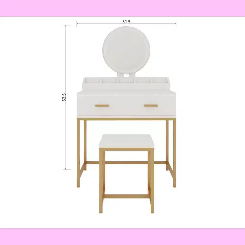 Okak Modern Girls Vanity with Metal Legs and Round Mirror, Makeup Vanity with Cushioned Stool, Makeup Table for Small Bedroom, Ancient White