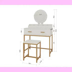 Okak Modern Girls Vanity with Metal Legs and Round Mirror, Makeup Vanity with Cushioned Stool, Makeup Table for Small Bedroom, Ancient White