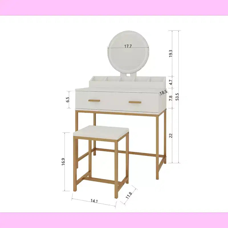 Okak Modern Girls Vanity with Metal Legs and Round Mirror, Makeup Vanity with Cushioned Stool, Makeup Table for Small Bedroom, Ancient White
