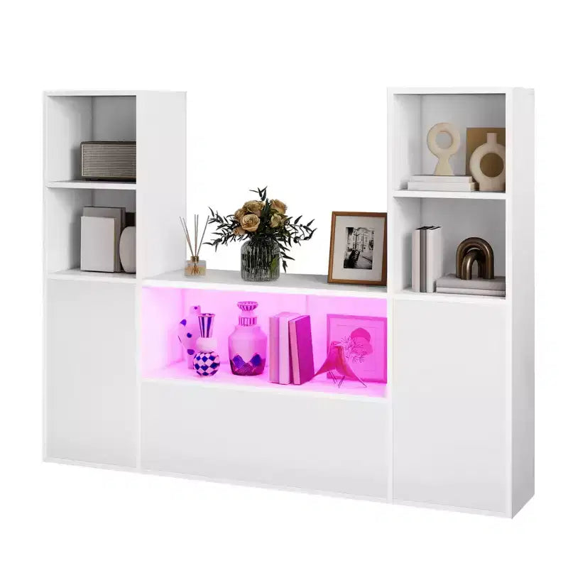 4-Tier U-Shaped Bookcase Castle Bookshelf with Cabinet &LED Light Cube Storage Organizer White
