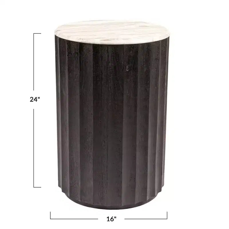Storied Home Round Mango Wood Fluted Side Table with Marble Top, Black Finish