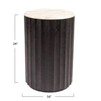 Storied Home Round Mango Wood Fluted Side Table with Marble Top, Black Finish