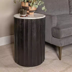 Storied Home Round Mango Wood Fluted Side Table with Marble Top, Black Finish