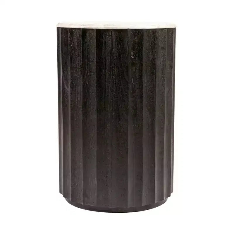 Storied Home Round Mango Wood Fluted Side Table with Marble Top, Black Finish