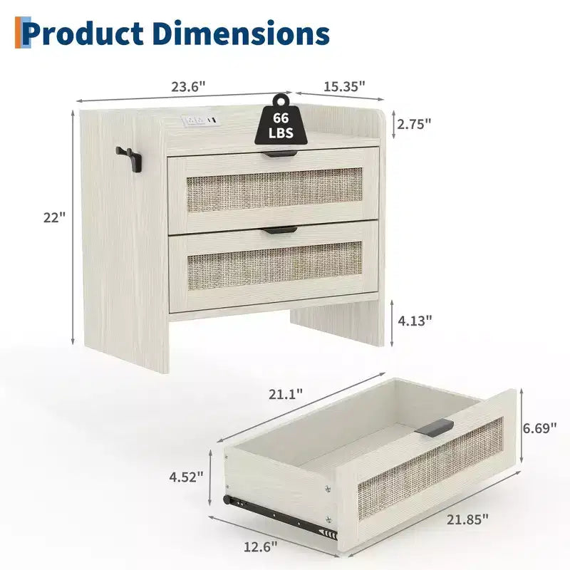 Rattan Bedside Table Nightstand, 2 Drawer, 2 Pcs Bedside Cabinet, Modern Night Stand with Charging Station for Bedroom Living Room