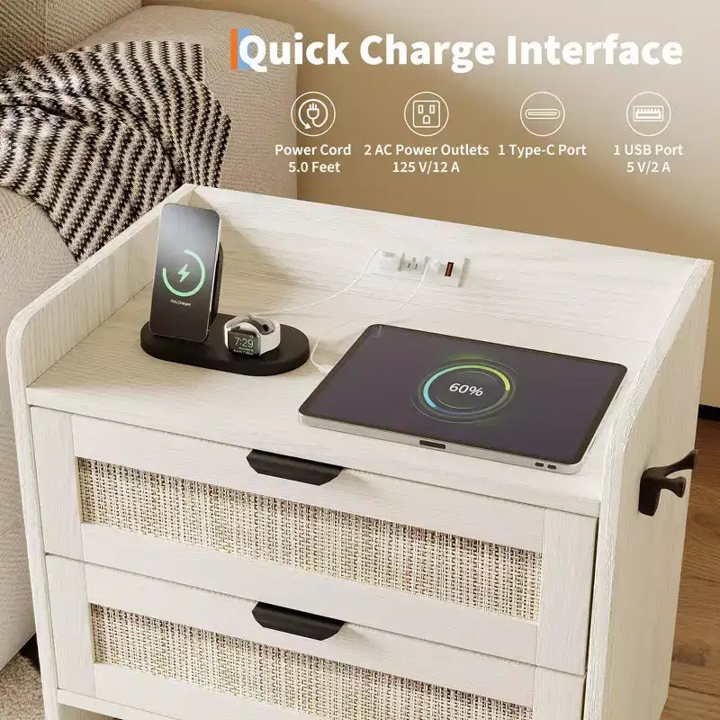 Rattan Bedside Table Nightstand, 2 Drawer, 2 Pcs Bedside Cabinet, Modern Night Stand with Charging Station for Bedroom Living Room
