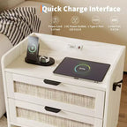 Rattan Bedside Table Nightstand, 2 Drawer, 2 Pcs Bedside Cabinet, Modern Night Stand with Charging Station for Bedroom Living Room