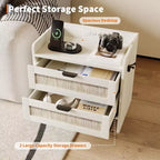 Rattan Bedside Table Nightstand, 2 Drawer, 2 Pcs Bedside Cabinet, Modern Night Stand with Charging Station for Bedroom Living Room