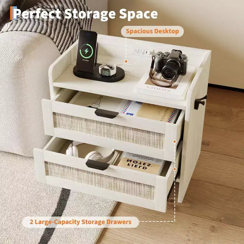 Rattan Bedside Table Nightstand, 2 Drawer, 2 Pcs Bedside Cabinet, Modern Night Stand with Charging Station for Bedroom Living Room