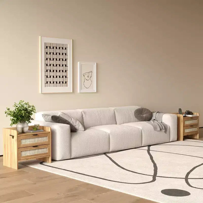 Rattan Bedside Table Nightstand, 2 Drawer, 2 Pcs Bedside Cabinet, Modern Night Stand with Charging Station for Bedroom Living Room