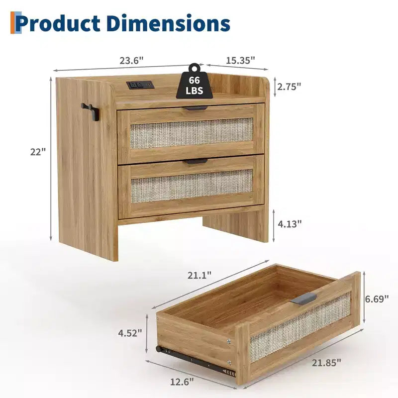 Rattan Bedside Table Nightstand, 2 Drawer, 2 Pcs Bedside Cabinet, Modern Night Stand with Charging Station for Bedroom Living Room