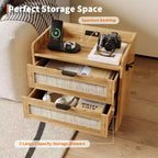 Rattan Bedside Table Nightstand, 2 Drawer, 2 Pcs Bedside Cabinet, Modern Night Stand with Charging Station for Bedroom Living Room