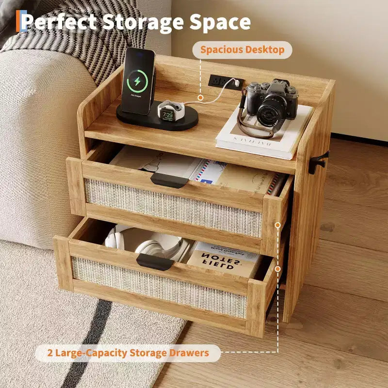 Rattan Bedside Table Nightstand, 2 Drawer, 2 Pcs Bedside Cabinet, Modern Night Stand with Charging Station for Bedroom Living Room
