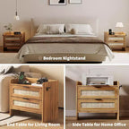 Rattan Bedside Table Nightstand, 2 Drawer, 2 Pcs Bedside Cabinet, Modern Night Stand with Charging Station for Bedroom Living Room
