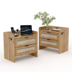 Rattan Bedside Table Nightstand, 2 Drawer, 2 Pcs Bedside Cabinet, Modern Night Stand with Charging Station for Bedroom Living Room