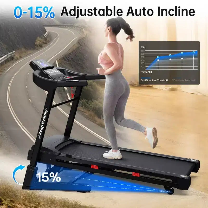 Whisen Foldable Treadmill, Workout Running Machine Walking with 12 Preset Programs, Incline - Black & Red