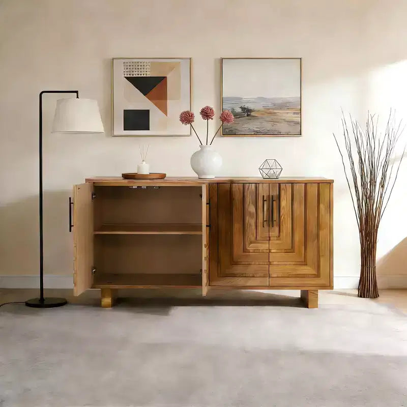 JVNOXK Madia moderna a 4 ante Realizzata in MDF e impiallacciatura di frassino, con maniglie in metallo e finiture naturali, perfetta per le sale da pranzo