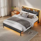 Queen Size Platform Bed Frame Upholstered Headboard LED Lights Charging Station Heavy Duty Metal Support No Box Spring Needed Modern Bedroom USB