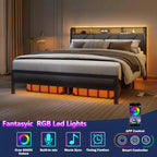 Queen Size Platform Bed Frame Upholstered Headboard LED Lights Charging Station Heavy Duty Metal Support No Box Spring Needed Modern Bedroom USB
