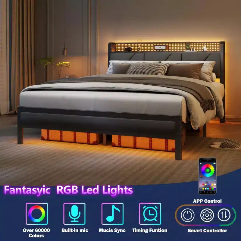 Struttura Letto Queen Size con Piattaforma, Testiera Imbottita, Luci LED, Stazione di Ricarica, Supporto in Metallo Rinforzato, Nessuna Rete a Molle Necessaria, Camera da Letto Moderna, USB