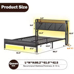 Queen Size Platform Bed Frame Upholstered Headboard LED Lights Charging Station Heavy Duty Metal Support No Box Spring Needed Modern Bedroom USB