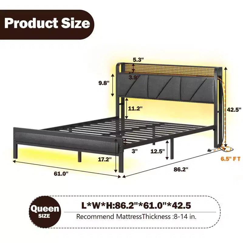 Struttura Letto Queen Size con Piattaforma, Testiera Imbottita, Luci LED, Stazione di Ricarica, Supporto in Metallo Rinforzato, Nessuna Rete a Molle Necessaria, Camera da Letto Moderna, USB