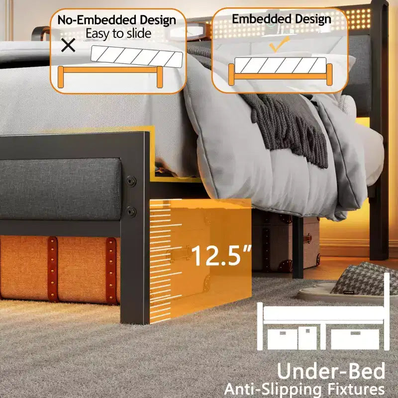 Queen Size Platform Bed Frame Upholstered Headboard LED Lights Charging Station Heavy Duty Metal Support No Box Spring Needed Modern Bedroom USB