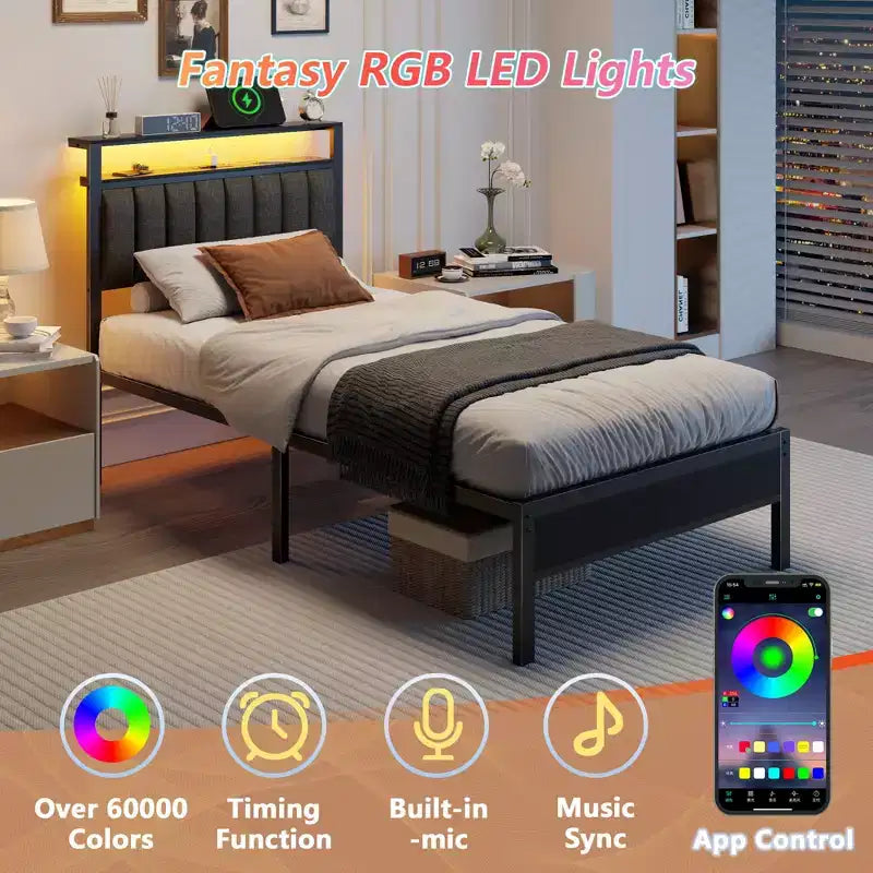 Twin Size Upholstered Platform Bed Frame LED Lights Charging Station 2 Tier Storage Shelves Headboard Gray Metal No Box Spring Needed Gaming Dorm