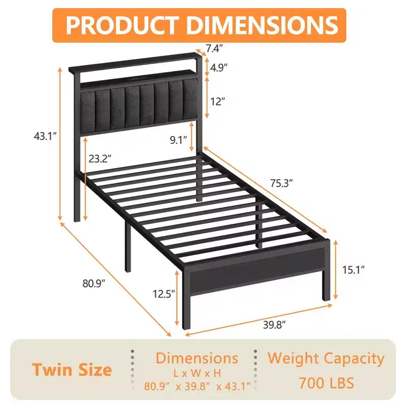 Twin Size Upholstered Platform Bed Frame LED Lights Charging Station 2 Tier Storage Shelves Headboard Gray Metal No Box Spring Needed Gaming Dorm
