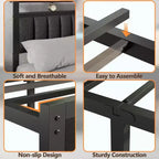 Letto a piattaforma imbottito singolo con luci LED, stazione di ricarica, mensole portaoggetti a 2 livelli, testiera in metallo grigio, nessuna molla necessaria per gaming o dormitorio