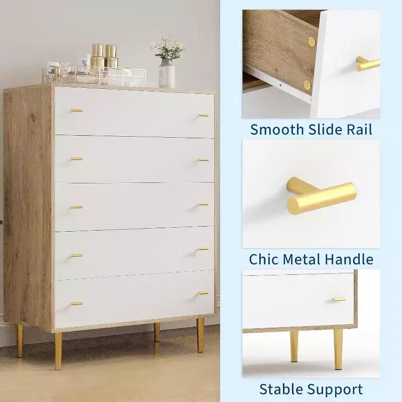 5 Drawers Dresser for Bedroom, 44 Tall Wood Rustic Chest of Drawers with Bar Handles, Vintage Design for Bedroom, Living Room, Hallway