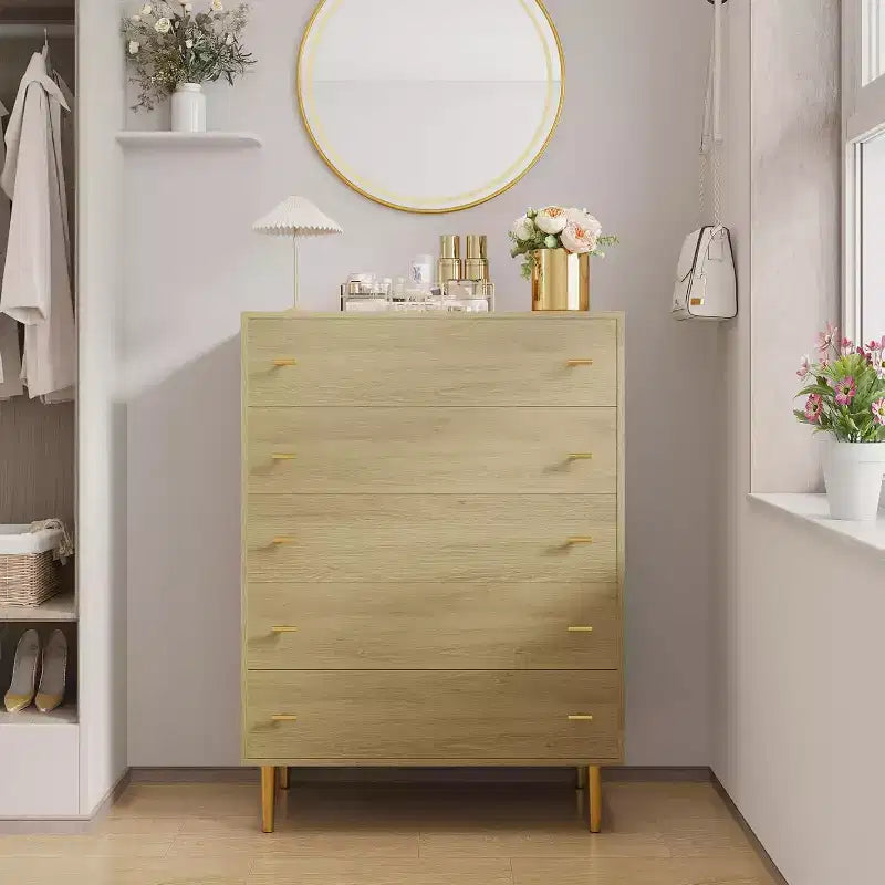 5 Drawers Dresser for Bedroom, 44 Tall Wood Rustic Chest of Drawers with Bar Handles, Vintage Design for Bedroom, Living Room, Hallway