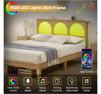SJL Arched Rattan Wooden Bed, New Structure RGB LED Rattan Queen Bed