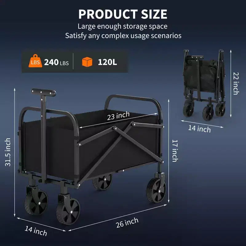 Foldable Utility Wagon with All-Terrain Wheels and Adjustable Handle - 240 LB Capacity for Shopping, Camping & Garden - Black