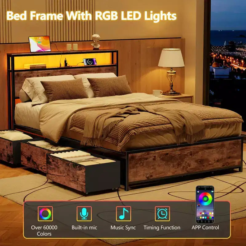 Industrial Full Size Bed Frame 6 Storage Drawers LED Lights Charging Station 2 Tier Shelf Headboard Heavy Duty Metal No Box Spring Needed