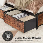 Industrial Full Size Bed Frame 6 Storage Drawers LED Lights Charging Station 2 Tier Shelf Headboard Heavy Duty Metal No Box Spring Needed