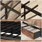 Industrial Full Size Bed Frame 6 Storage Drawers LED Lights Charging Station 2 Tier Shelf Headboard Heavy Duty Metal No Box Spring Needed
