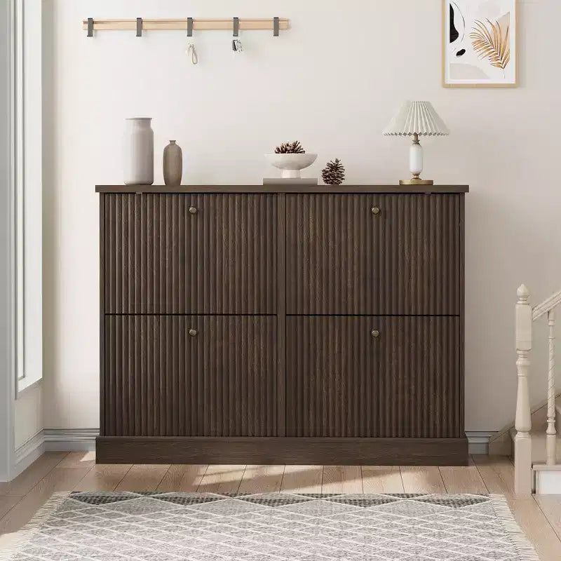 Scarpiera con 4 Ante a Ribalta, Organizzatore di Scarpe Stretto Moderno con Design a Onda e Ripiani Regolabili, Scarpiera per Ingresso, Soggiorno, Corridoio